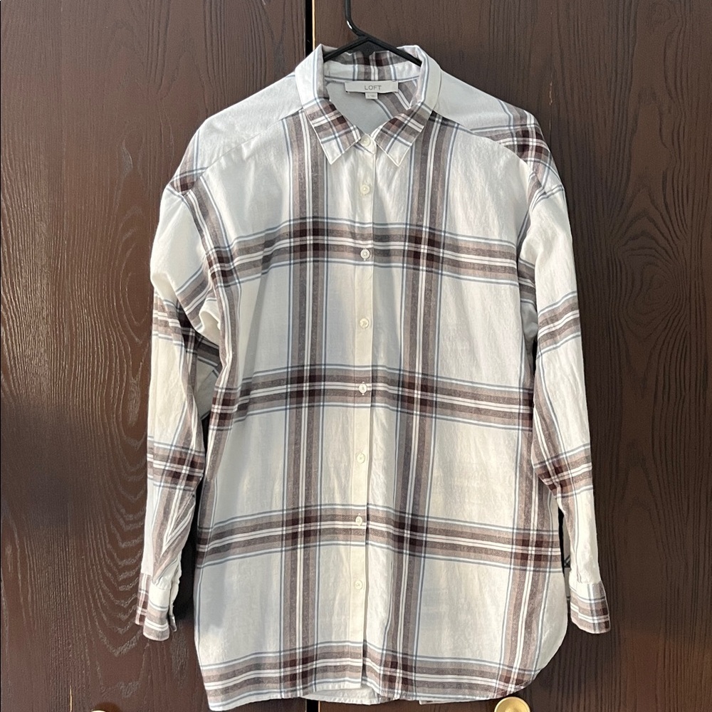 Loft long sleeved, lightweight flannel blouse. Size Large.